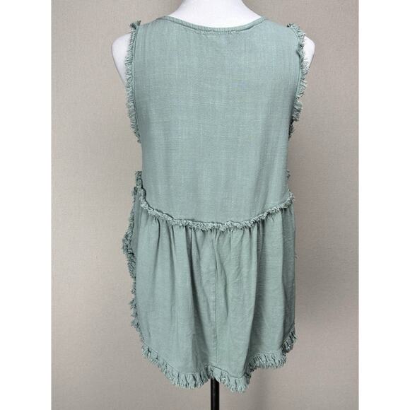Umgee Linen Cotton Blend Sz S Boho Tank Top Green Raw Fringe Trim Beach Peasant - Picture 6 of 13